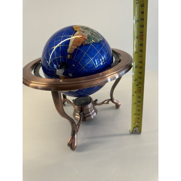 VINTAGE LAPIS LAZULI WORLD GLOBE DESK TABLE TOP GEMSTONES COPPER STAND COMPASS - Picture 12 of 16